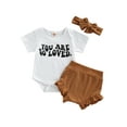 thumbnail image 1 of aturustex 3 Pcs Baby Romper Set Letter Print Short Sleeve Crew Neck Jumpsuit + Ribbed Ruffle Shorts + Bow Headband, 1 of 8