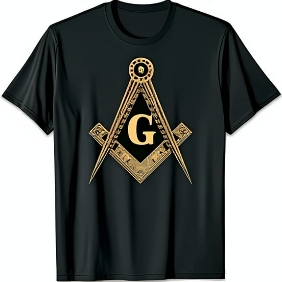 Classic Black Tee with Gold Masonic Square & Graphic Stylish Short Sleeve Shirt