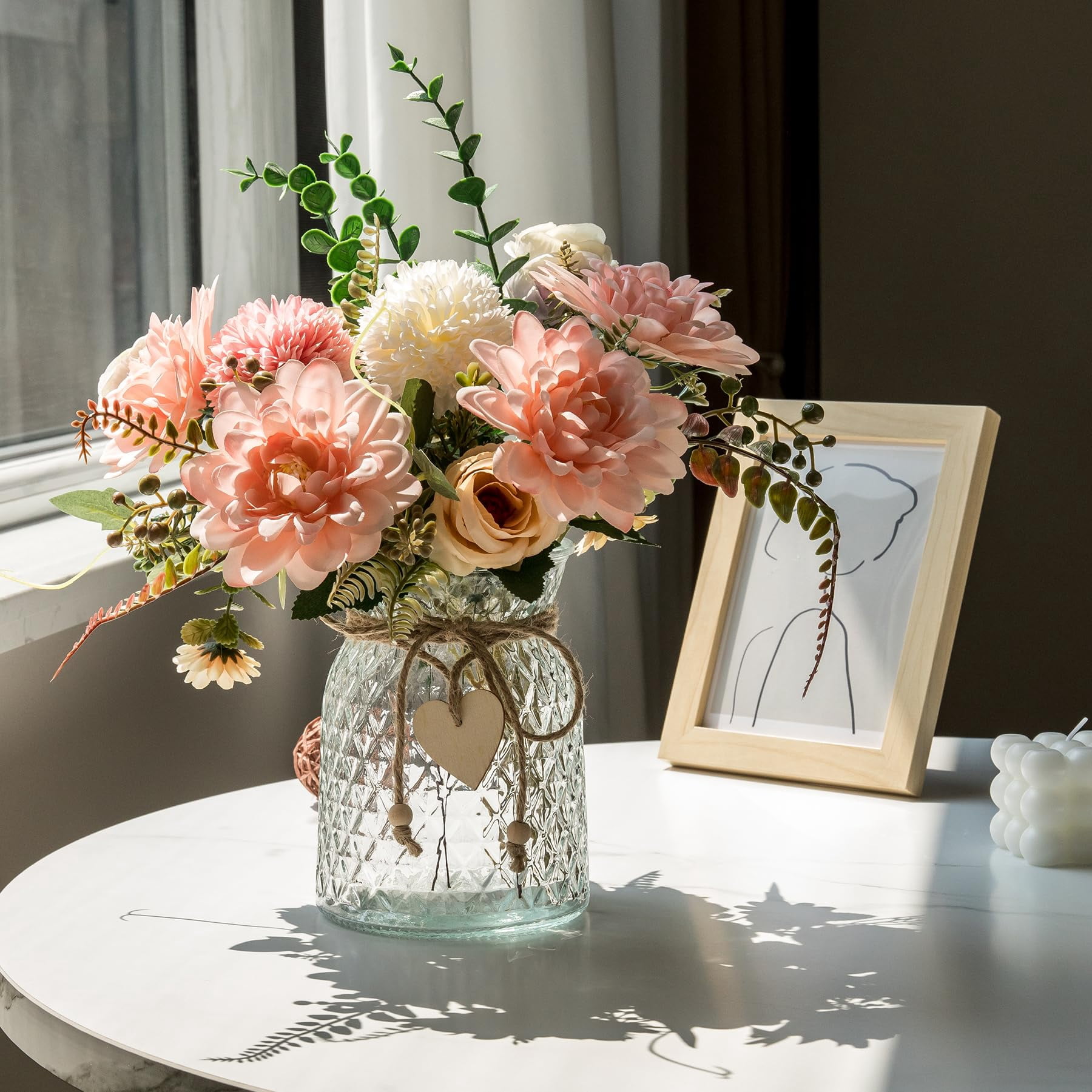 Silk Dahlia Fake Flowers in Vase, Pink Artificial Flowers for Home Decor, Faux Floral Arrangement with Glass Vase for Coffee Table Centerpiece Living Room Bathroom Office Décor, Pink