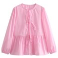 thumbnail image 2 of Ltctricy Babydoll Tops for Women Crew Neck Tie Front Solid Color Lantern Long Sleeve Shirts Casual Loose Blouses(Pink,Small), 2 of 7