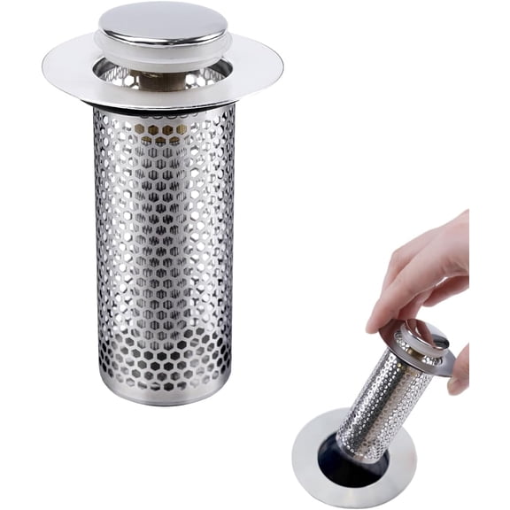 Pop Up Bathroom Sink Drain Strainer Hair Catcher, Sink Drain Stopper with Removable Stainless Steel Filter Basket, for US Universal Bathroom Kitchen