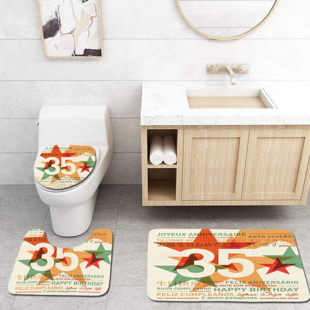 ABPHQTO 35 cumpleaños estrellas y saludos en diferentes idiomas como telón de fondo de moda antigua Juego de alfombras de baño de 3 piezas Alfombra de baño Alfombra de contorno y tapa de inodoro