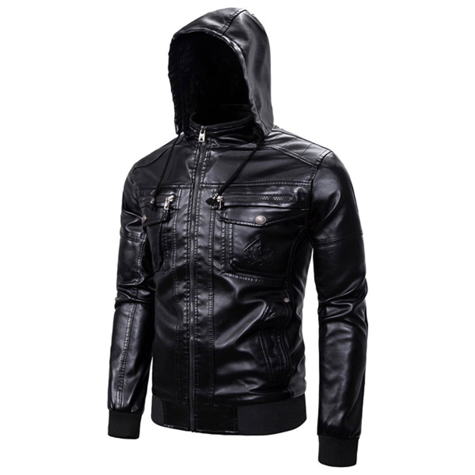 CHEEREAM en's Faux Leather Jacket Motorcycle Jacket Waterproof Windproof PU Moto Vintage Bomber Hoodie with Hood Black S