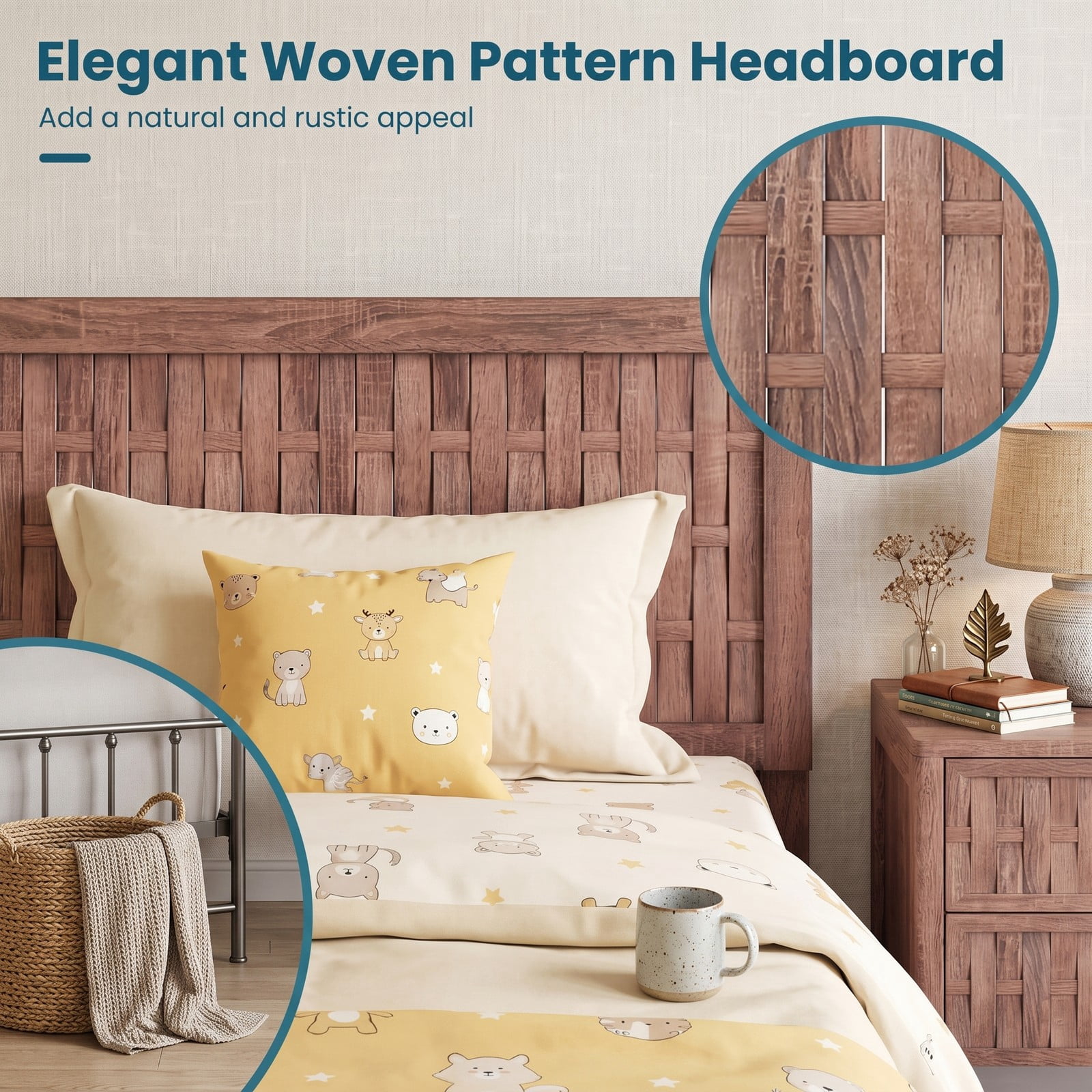 Furnibear Twin Bed Frame Wood Platform Bed with Woven Accent Headboard and 12 Plywood Slats for Kids Room, Walnut