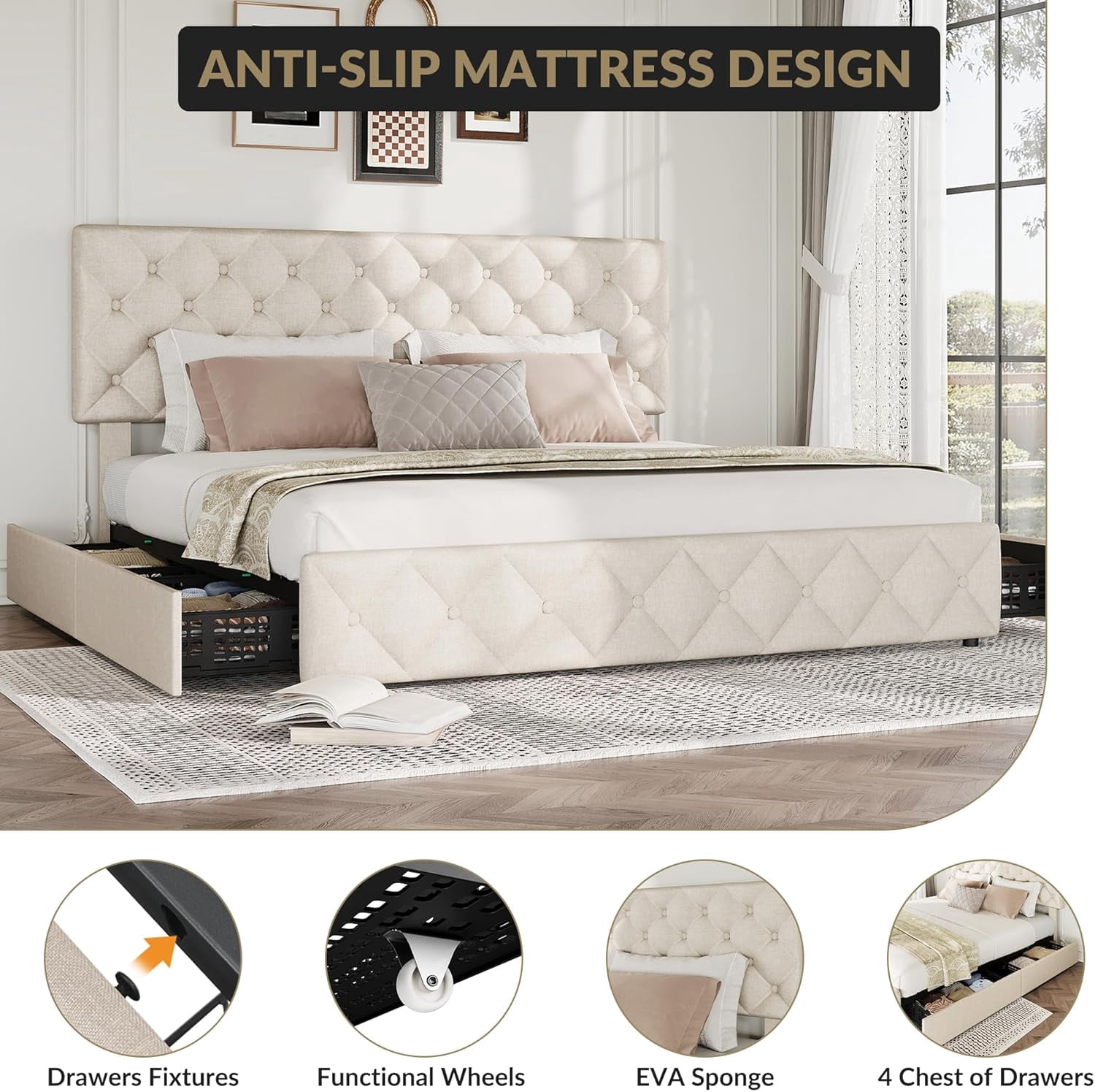 Queen Size Bed Frame with 4 Storage Drawers & Headboard, Linen Upholstered Platform Bed Frame, Stylish Diamond Tufted Design, No Box Spring Needed | Off - White