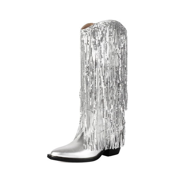 SACFOF Women's Rhinestone Cowboy Boots Knee High Wide Calf Cowgirl Boots Western Pointed Toe Chunky Heel Sparkly Cowgirl Booties Pull On Cowboy Boots for Women