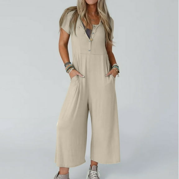 KIHOUT Women's Short Sleeve Button Front Jumpsuit with Pockets Solid Color Wide Leg Casual Romper for All-Season Wear