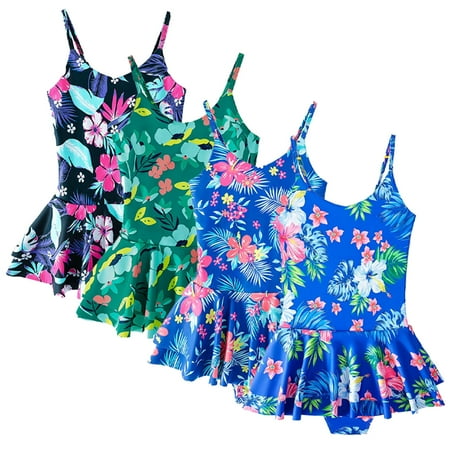 

WOLLED 4-12 Years Girls One Piece Swimsuit Hawaiian Floral Skirted Bathing Suit Halter Ruffled Swimwear UPF 50+ Swim Dress Quick Dry Beach Swimsuit for Kids Toddler