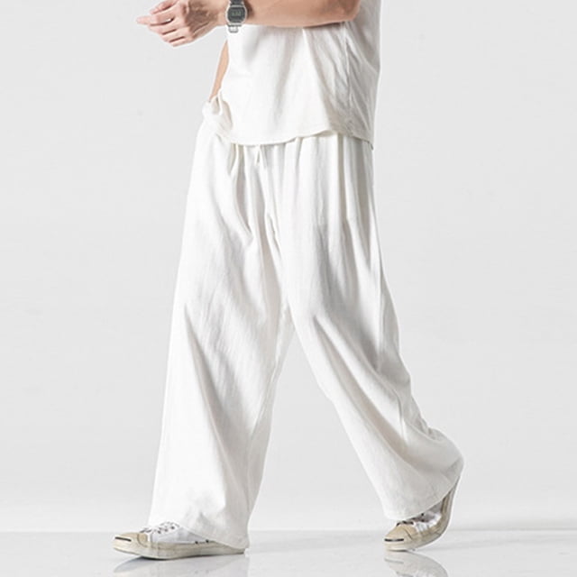 Mens Casual Baggy Pants Elastic Waist Loose Soft Trousers Solid Color Straight