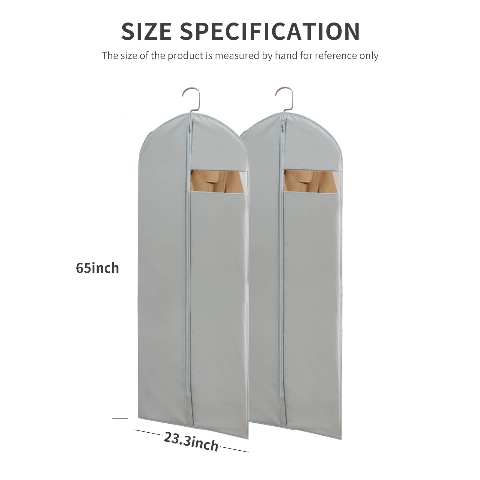 Protective Garment Bags for Long Dresses, 65 Inch Clear Gown Storage Covers, Set of 2 Heavy Duty PEVA Material Bags for Wedding and Evening Attire, Gray