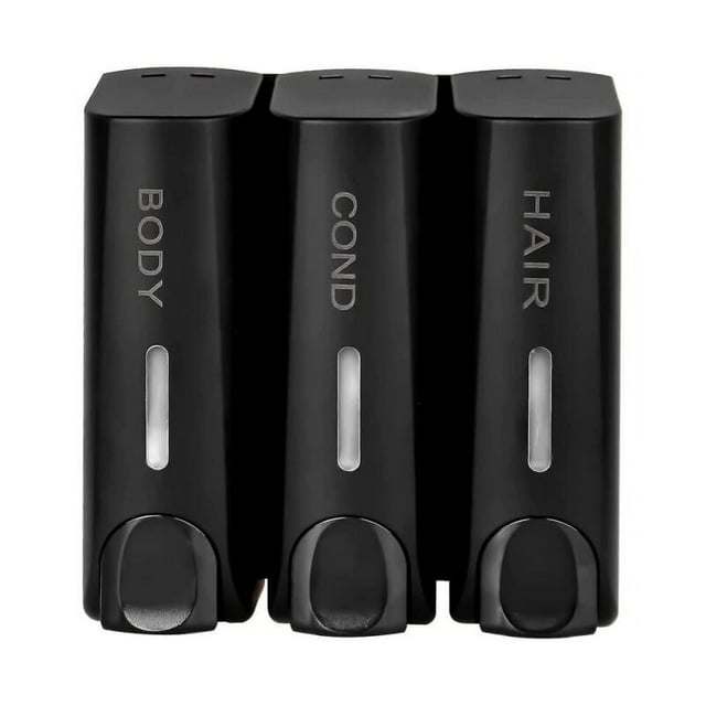 Distributeur de savon 3 en 1 noir mat pour gel douche, shampoing, après-shampooing, support mural