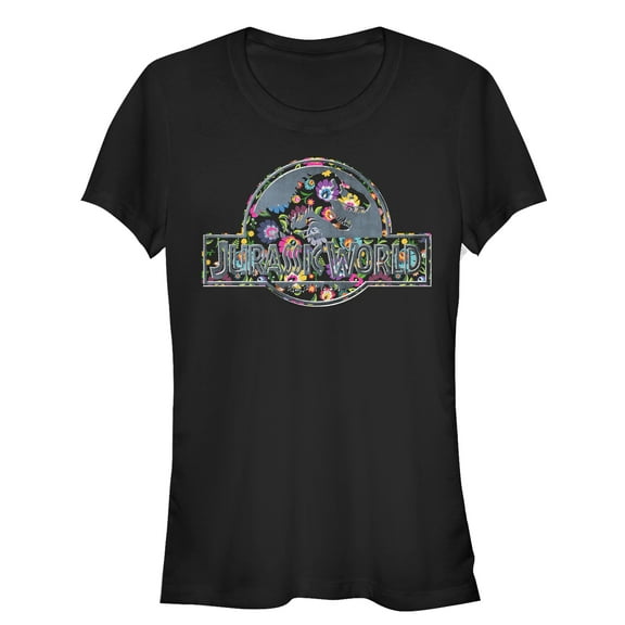 Junior's Jurassic World Hippie Flower Logo Graphic Tee Black Small