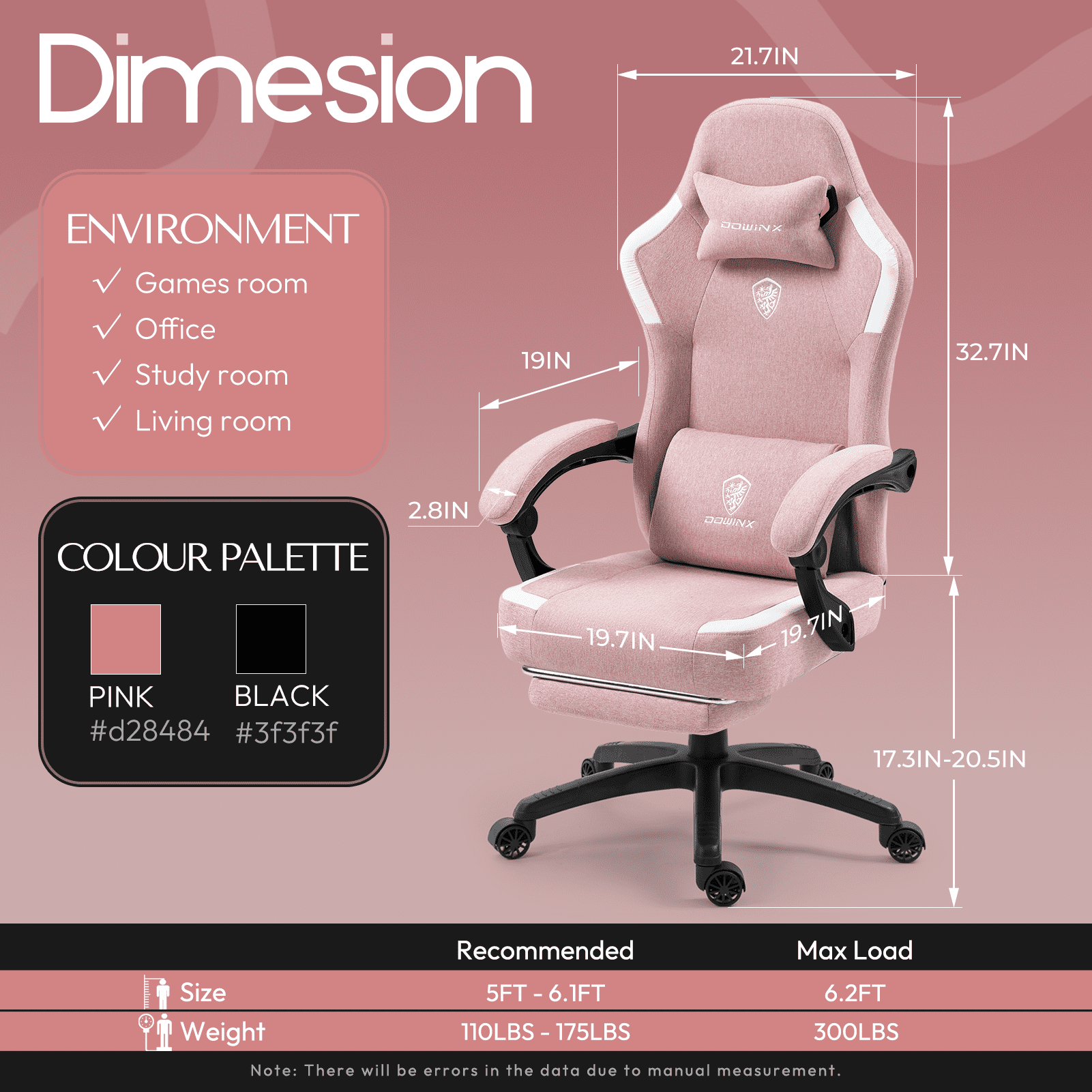 GOOSEA Fabric Gaming Chair with Pocket Spring Cushion, Breathable Computer Chair with Massage Lumbar Support and Footrest, High Back Office Chair for Adults,300lbs, Pink