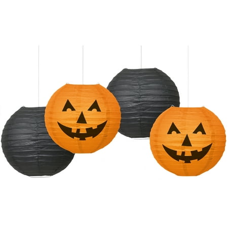Halloween Paper Lantern Decorations Kit, Orange and Black, 4pc