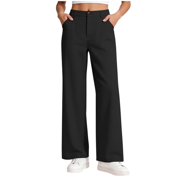 hoksml Girls Straight Leg Dress Pants, High Waist School Uniform Trousers with Pockets, Kids Casual Pants for 5-15 Years