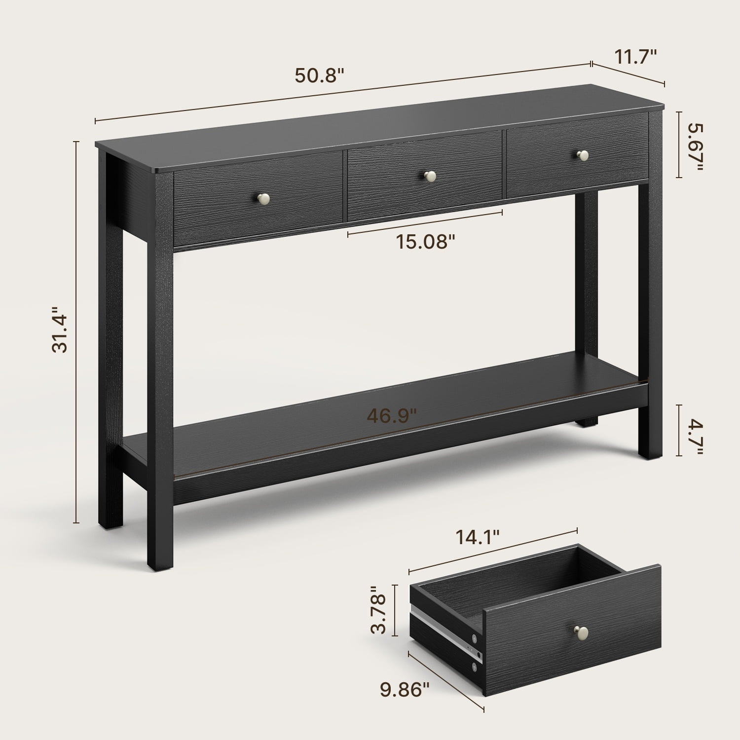 Asofer 3 Drawer Wooden Sofa Table, Modern Accent Console Table with Metal Round Handles for Entrance Hall, Black