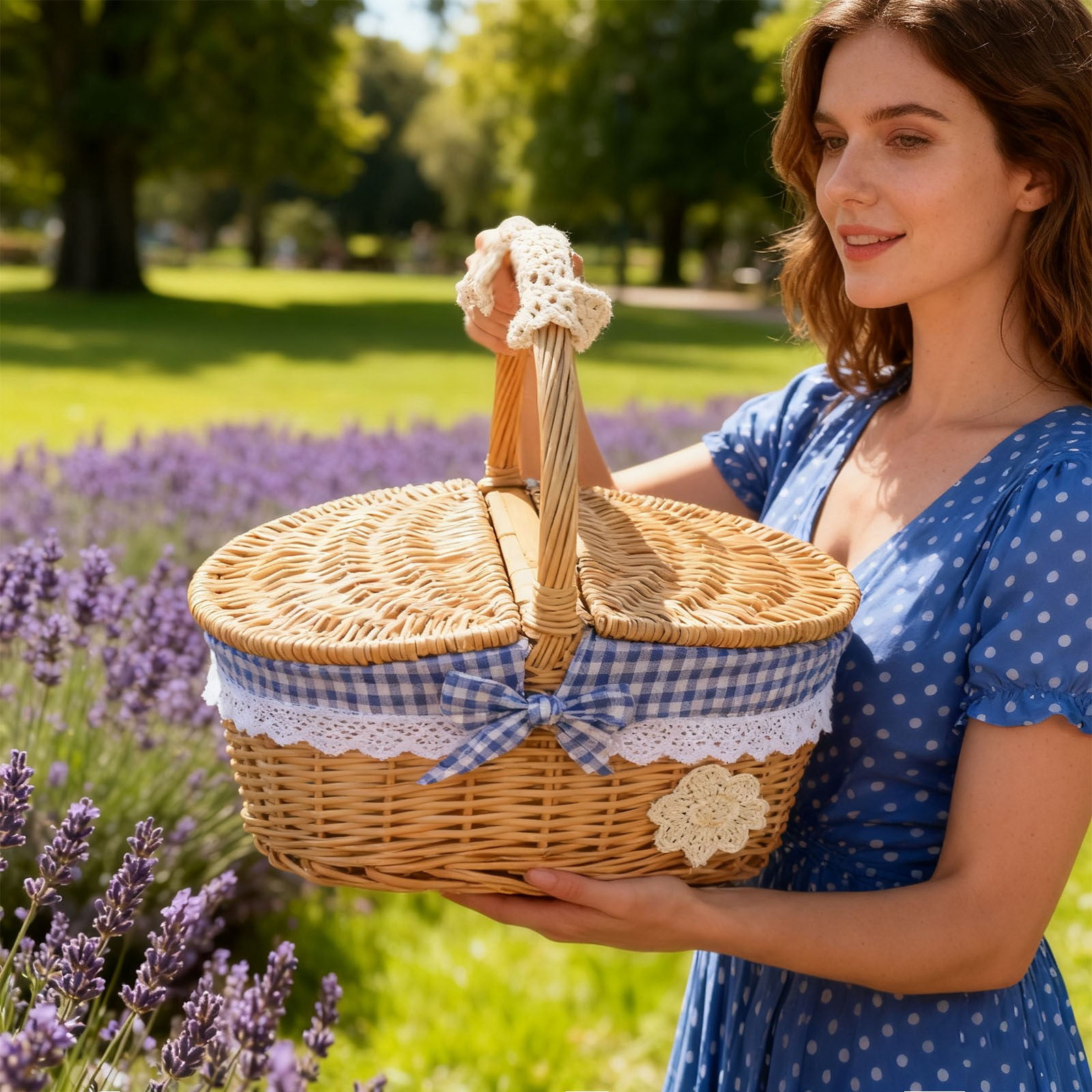 Lidded Oval Picnic Basket, Multi Functional Handle Basket, Ideal for Outdoor Adventures, Photography, Home Decor, Gift Basket for Valentine's Day, Easter, Parties & Celebrations, 10x7x5.9in