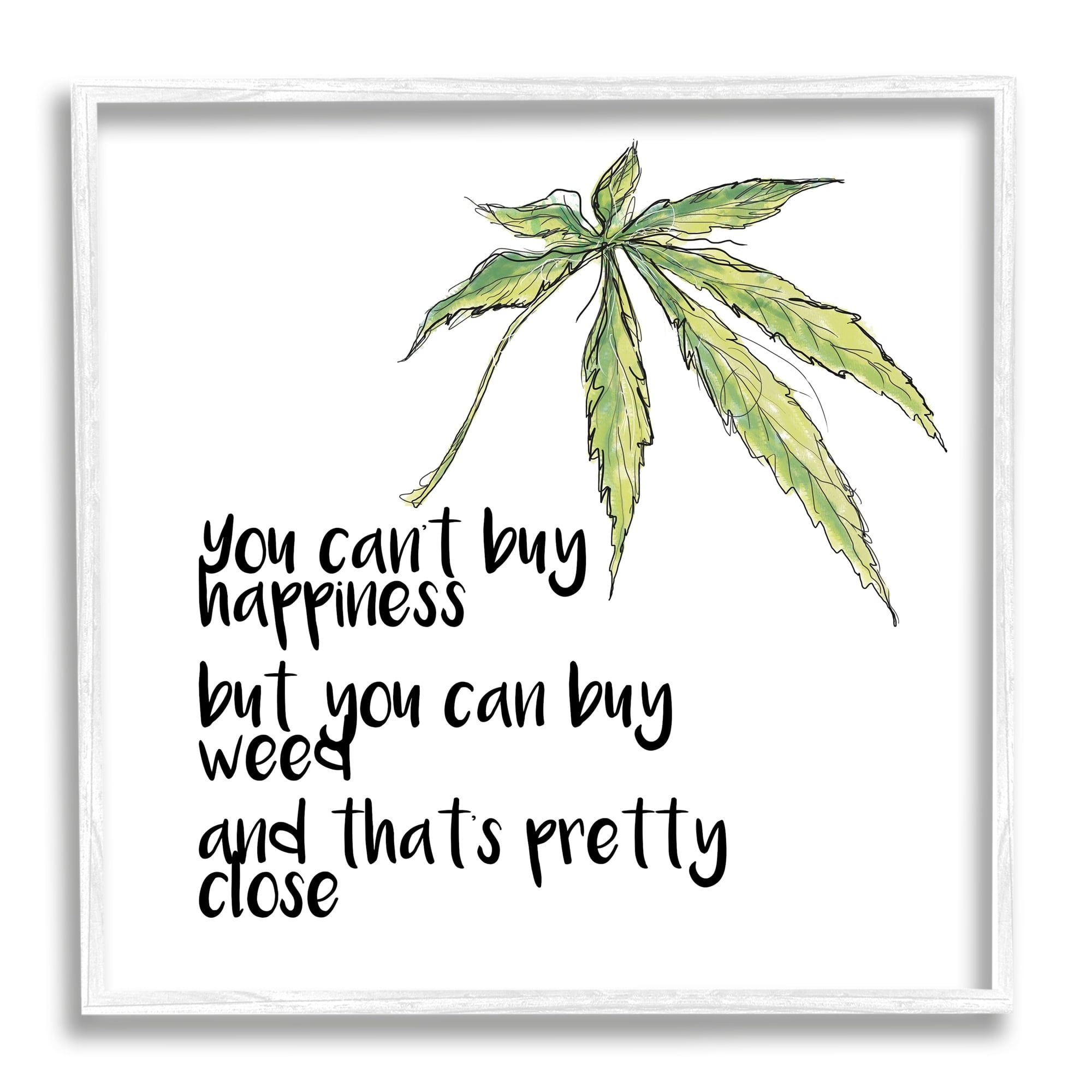 Stupell Industries Can't Buy Happiness Funny Hemp Botanical Saying Graphic Art White Framed Art Print Wall Art, Design by J. Weiss