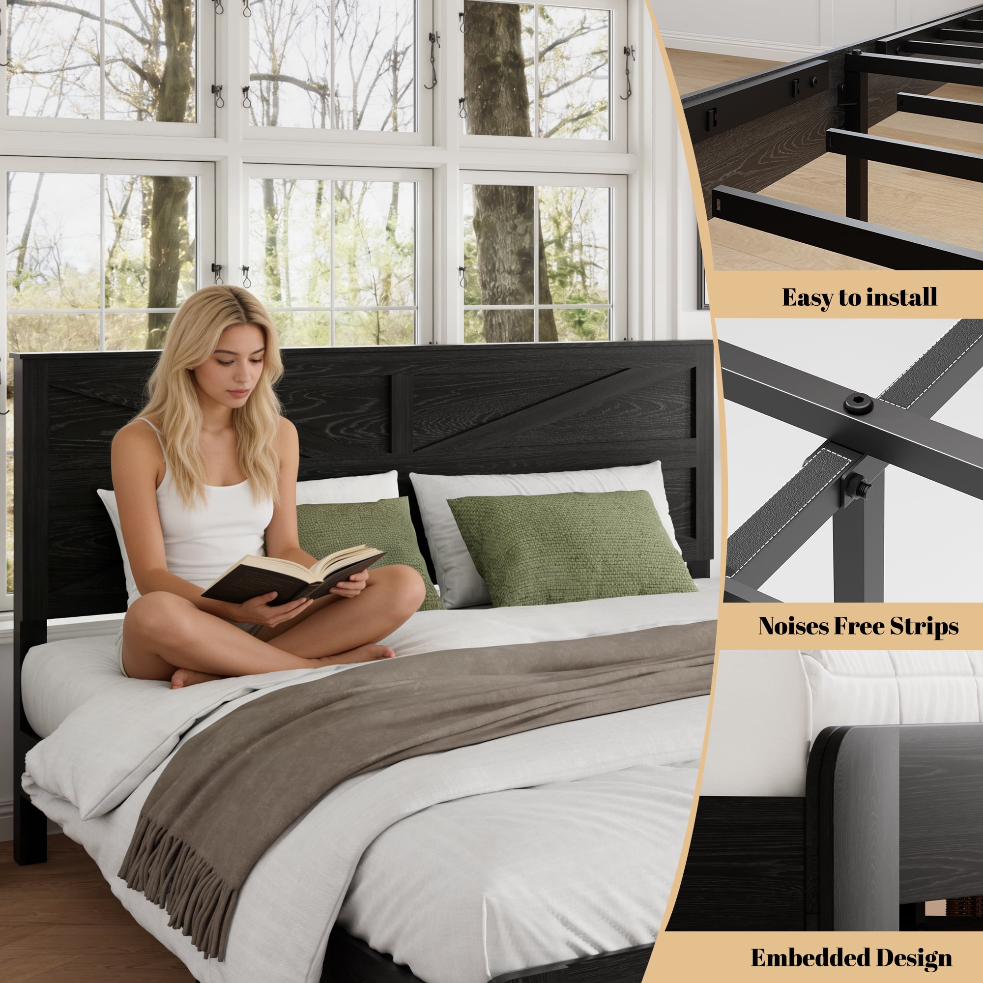 King Size Farmhouse Wooden Bed Frame with Headboard, Boho Platform Bedframe Sturdy Metal Slats Support, No Spring Mattress , Silent Operation, Easy Assembly (King, Black)