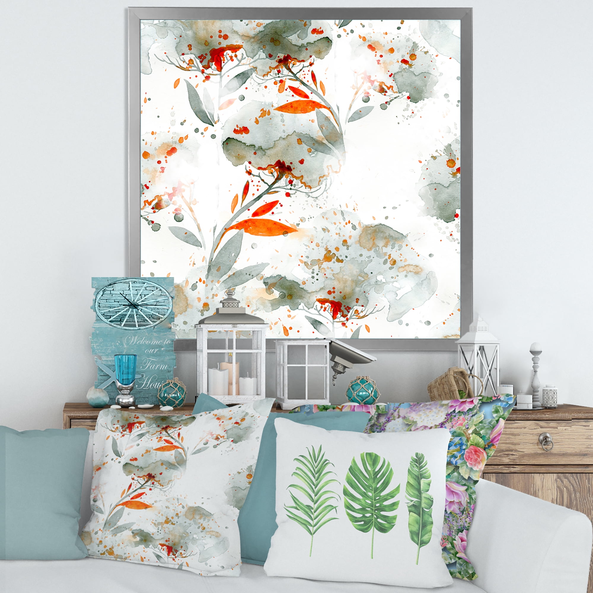 Designart 'Orange and Green Wildflowers I' Modern Framed Art Print