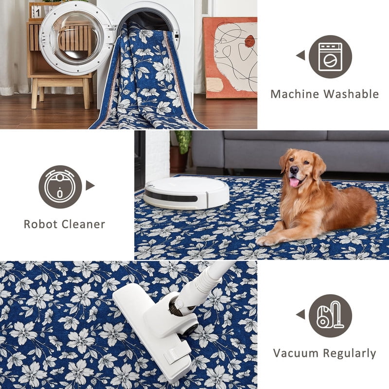 8'x10' Area Rugs Boho Floral Bedroom Washable Low Pile Non Slip Indoor Carpet for Nursery Playroom Living Room Blue