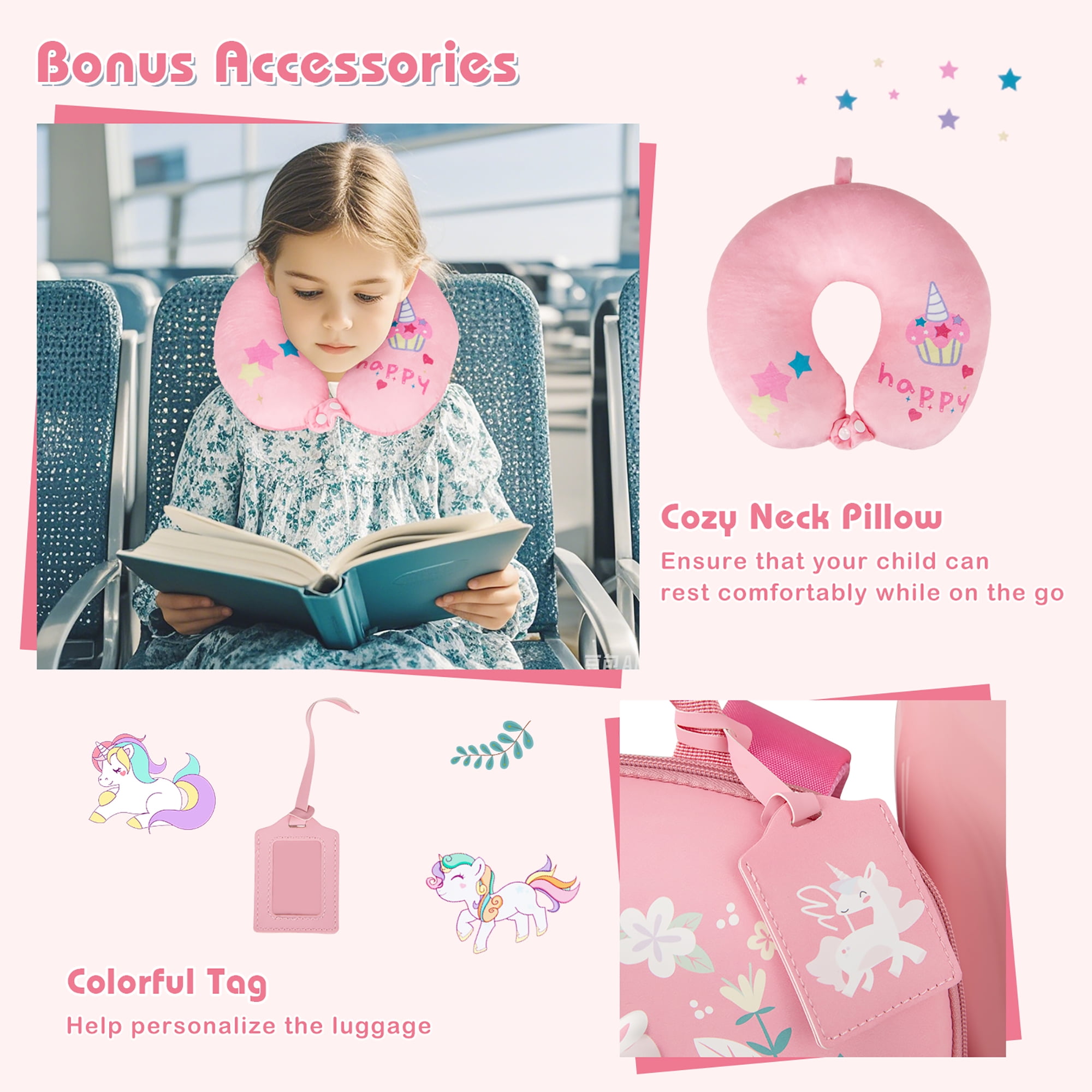 Gymax 4-Piece Kid's Luggage Set w/ 14'' Carry-on Hardside Spinner Toddler Luggage Pink