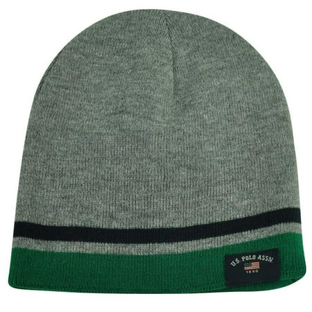 US Polo Assn Association Brand Reversible Grey Striped Cuffless Knit Beanie Hat