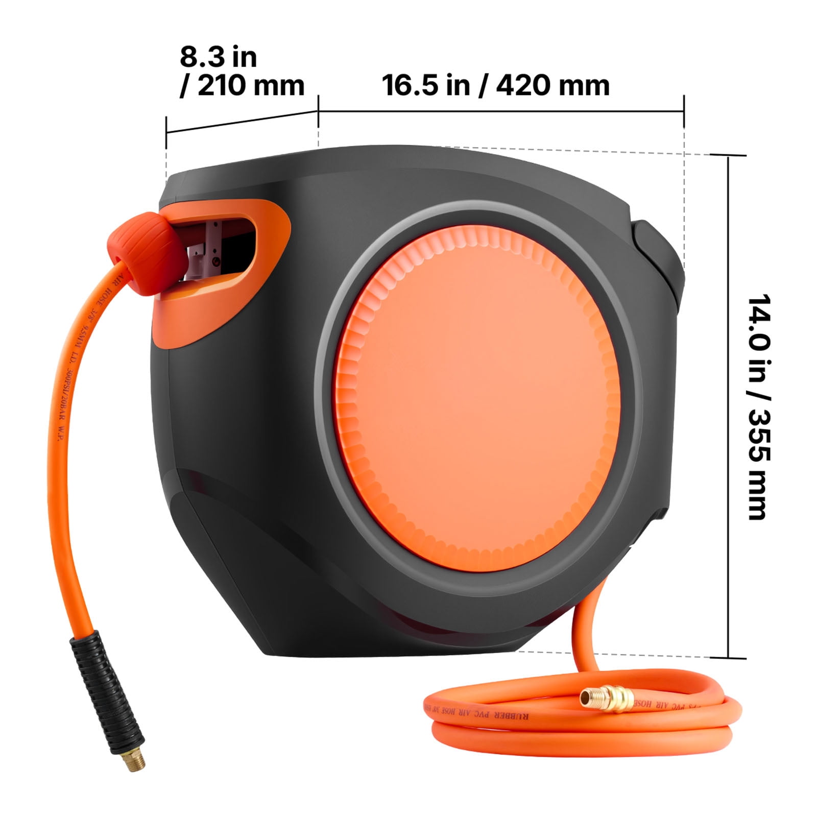 KFFKFF Retractable Air Hose Reel, 3/8 Inch x 80 FT Hybrid Hose, 300 PSI Capacity, Auto Rewind with 6.6 ft Lead-In, 180° Swivel Mount for Wall or Ceiling in Workshops