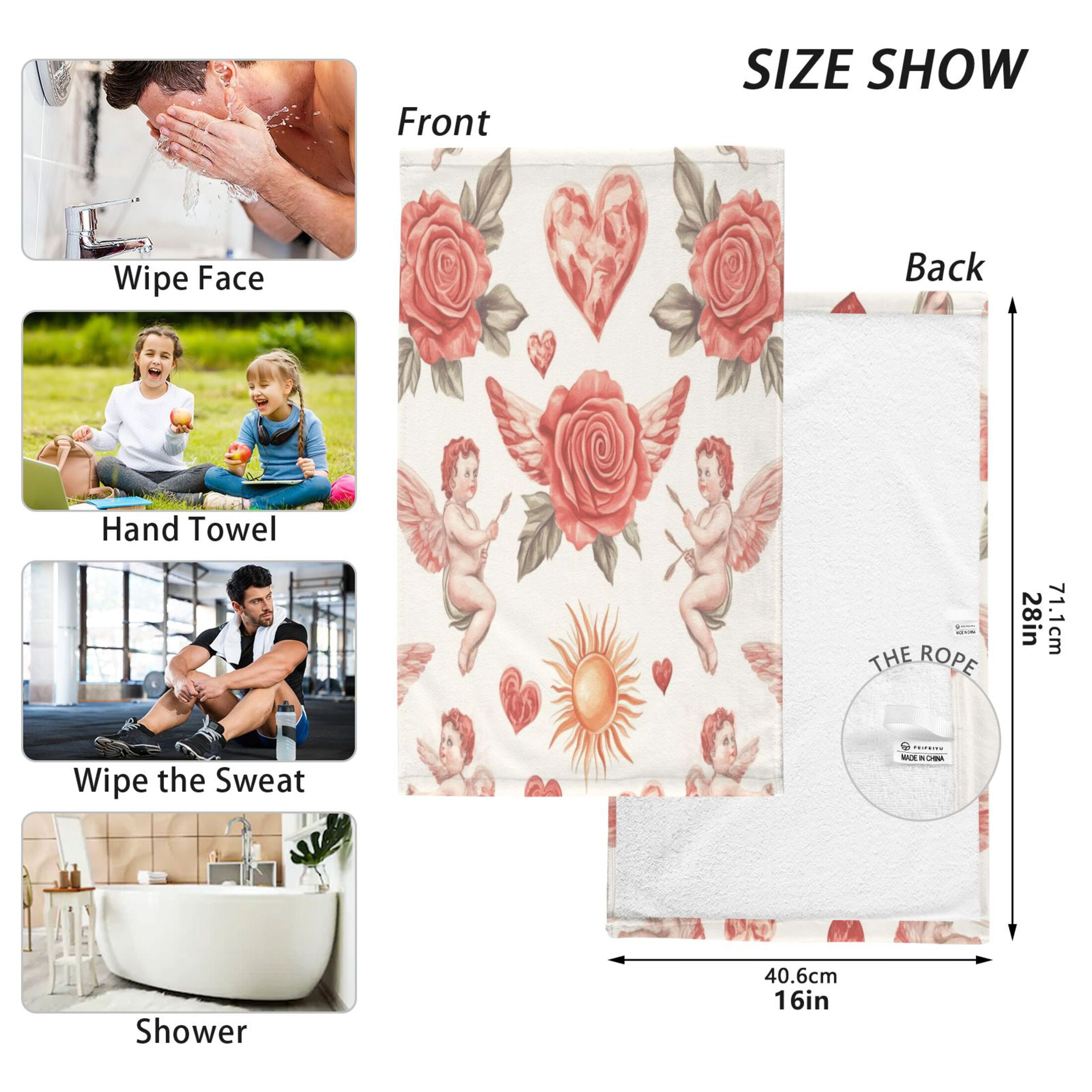 2 Pcs Absorbent Face Towel Bath Hand Towels Soft Breathable Cotton Towel Set for Bathroom Kitchen Hotel Spa Decor Watercolor Red Roses