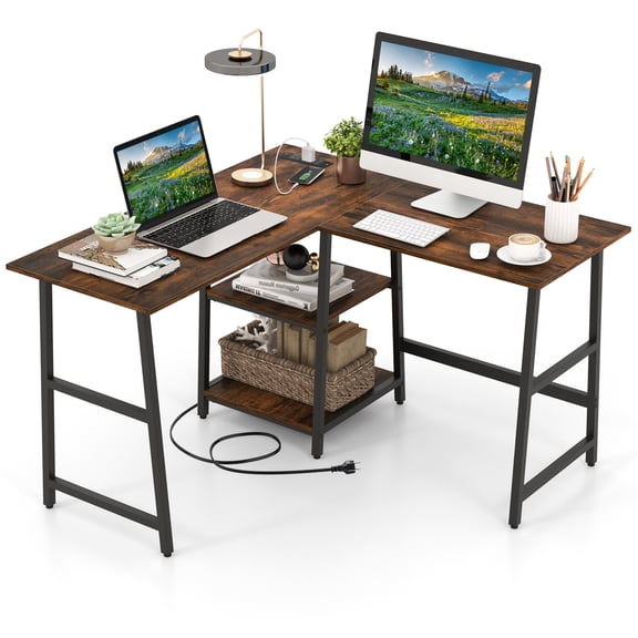 Giantex L Shaped Desk, Corner Gaming Desk w/Storage Shelves, Industrial Writing Desk Workstation, Brown
