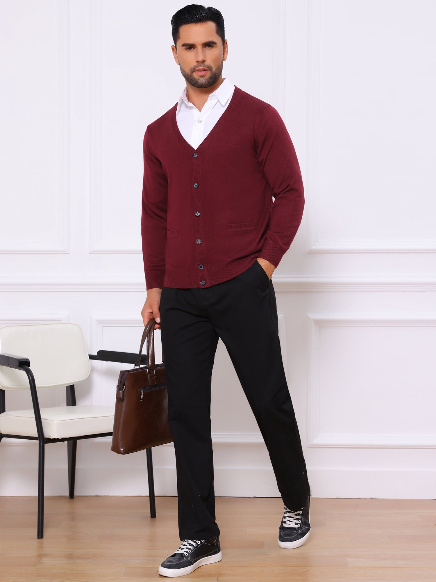 DARING DIVA Men's V Neck Long Sleeved Button Down Knit Sweater with Pockets L Burgundy