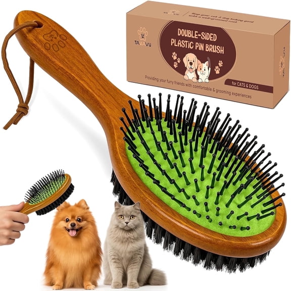 TAKAVU Double-Sided Pin and Boar Bristle Pet Brush, 2-in-1 Grooming and Deshedding Tool for Dogs and Cats with Long or Short Hair, 1-Pack