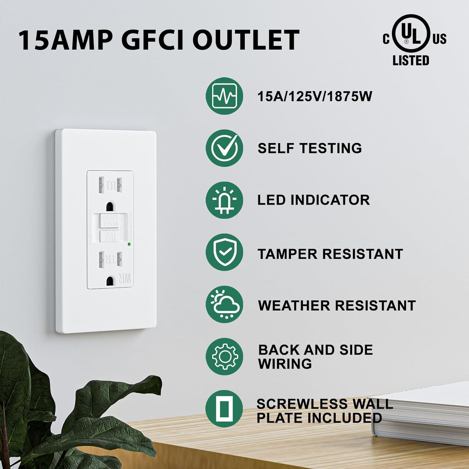 BRILLTECH 15 Amp Self-Test Slim GFCI Outlet Weather Resistant, Tamper-Resistant Receptacle with LED Indicator, Screwless Wallplate Included, UL Listed White (10PACK)