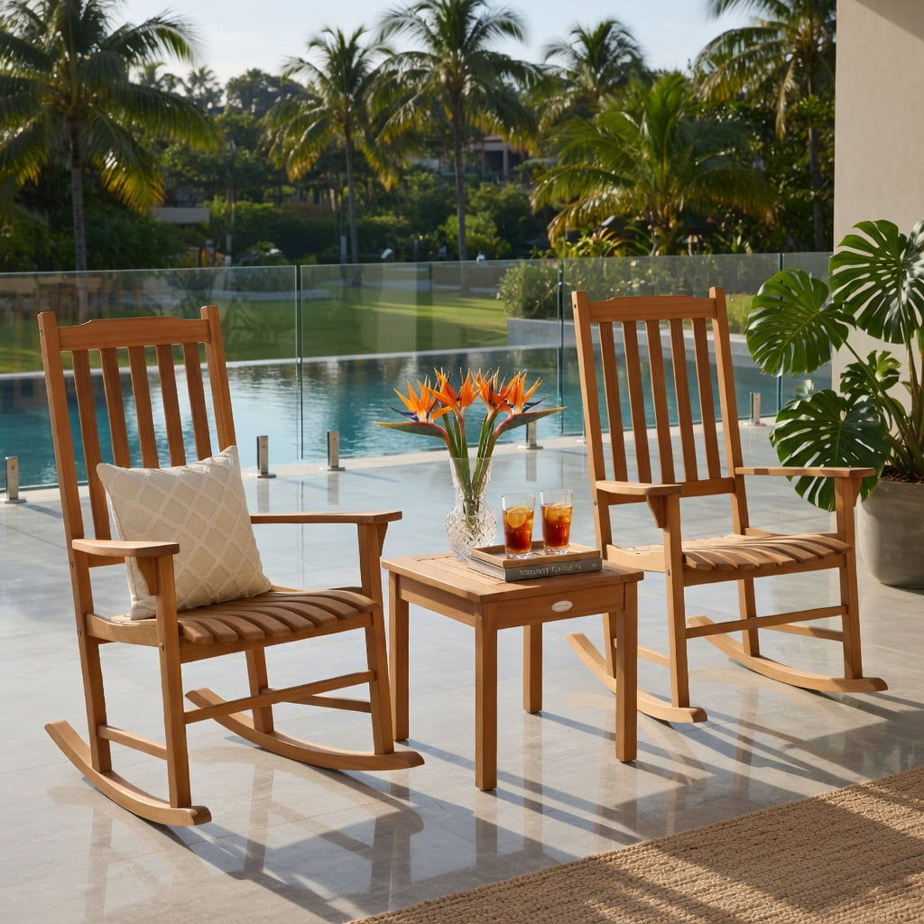 Hommoo 3-Piece Eucalyptus Outdoor Rocking Chair Set with Square Coffee Table, Patio, Deck & Garden Furniture Set for 2, Natural