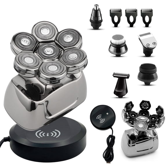 TiokMc 6-in-1 Waterproof Electric Head Shaver for Men, 7D Rotary Blades, LED Display, USB Rechargeable Grooming Kit with Trimmer, Nose Hair Cutter, and Accessories