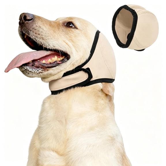 Sulaicai Adjustable Dog Noise Cancelling Ear Wrap, Soft Calming Ear Muffs for Fireworks Thunderstorms, Comfort Pet Ear Protection Hood for Grooming Bathing Swimming (Brown, Medium)