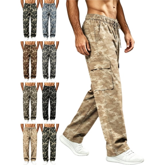 Cargo Pants for Men Camouflage Print Straight Leg Drawstring Elastic Waist Multiple Pockets Outdoor Pants