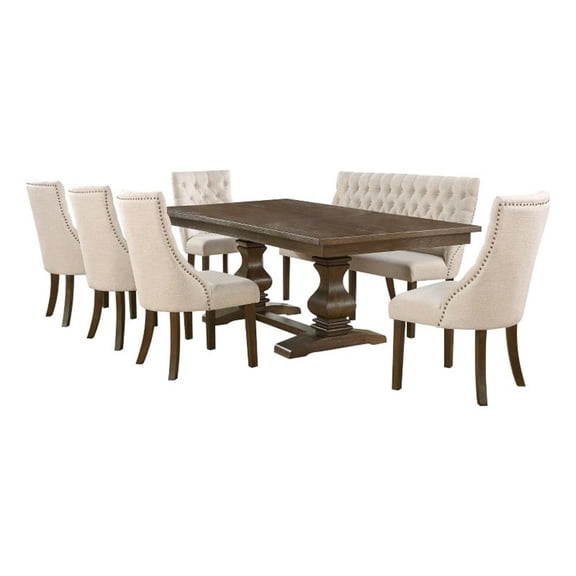 7pc Walnut Wood Dining Set with Extendable Table   Beige Linen Chairs   Bench