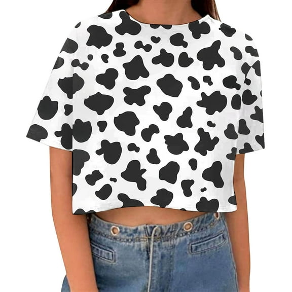 Women's Cow Print Tee Dalmatians Spotted Skin Short Sleeve Crew Neck Crop Tops 2025 Funny Casual Summer Fall T-Shirt