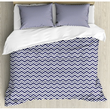 Navy Blue Duvet Cover Set Horizontal Chevron Pattern In Nautical