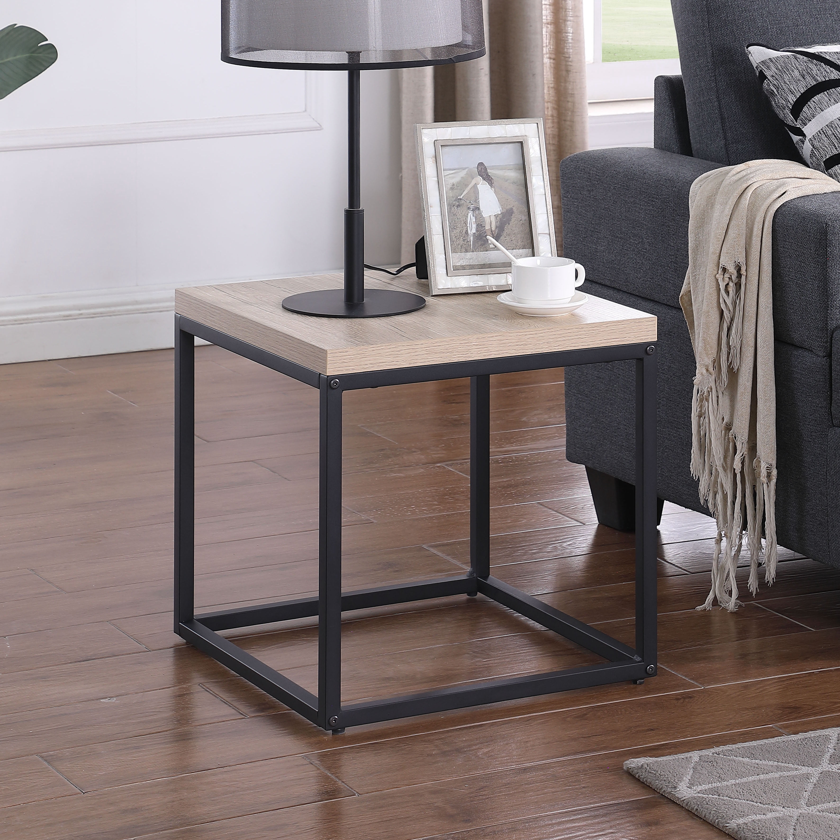 End Table Side Table,Square Wood and Metal Nightstand,Storage Small End Table, for Living Room Bedroom, Natural Oak