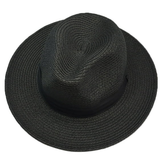 yunLXY Summer Caps Black hat Women Wide Brim Straw Panama Roll up Hat Beach Sun Hat One Size 1PC