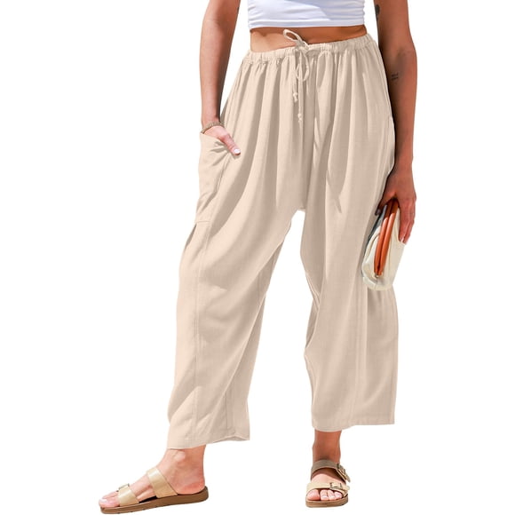 Pantalón TARSE de lino, pierna ancha, con cordón y bolsillos, talla L