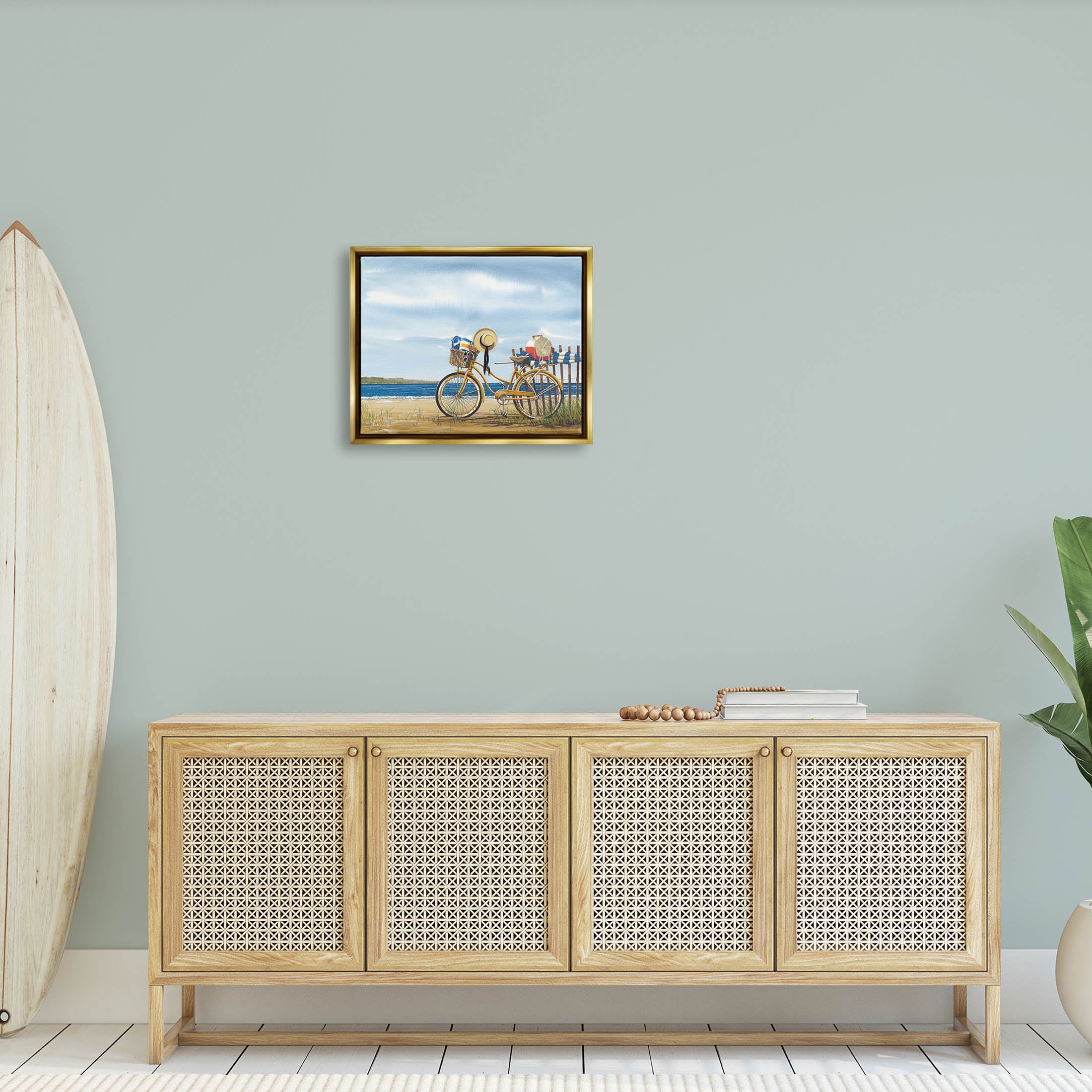 Summer Bike Beach Day Waves Coastal Painting Metallic Gold Framed Art Print Wall Art