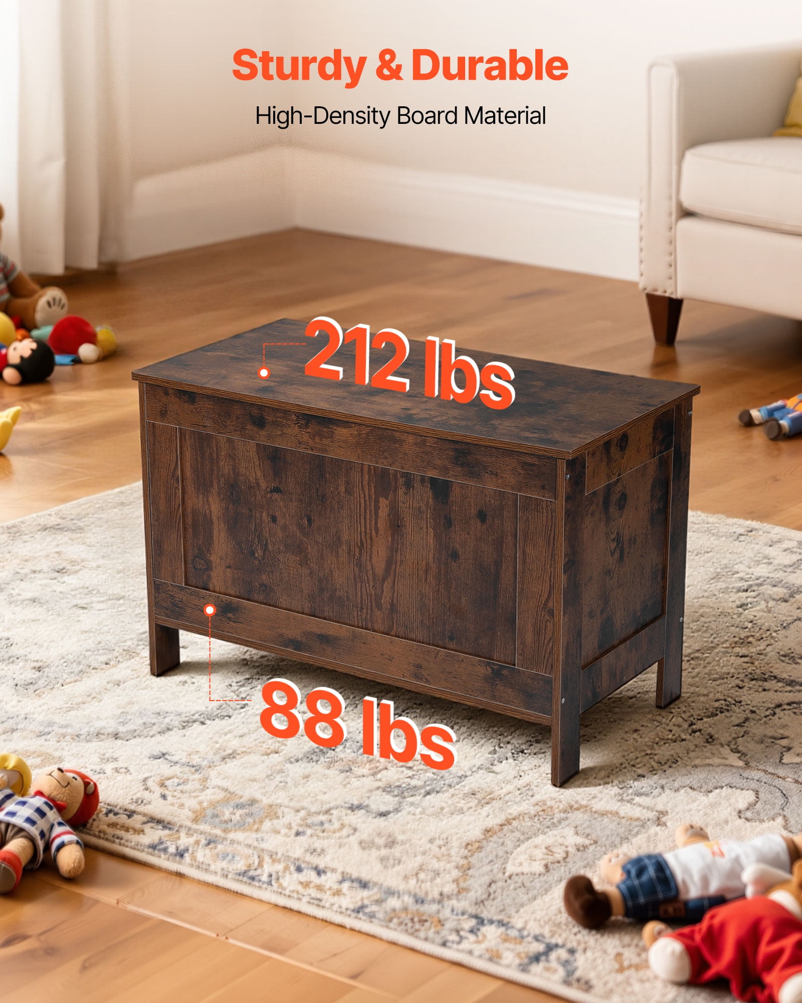 VEVOR Kids Storage Bench, Wooden Toy Box Chest, Large Storage Cabinet with Safety Hinge, Toddlers Retro Storage Bench for Playroom, Living Room or Entryway, 29.7 x 15.3 x 18.9", Easy Assembly, Brown