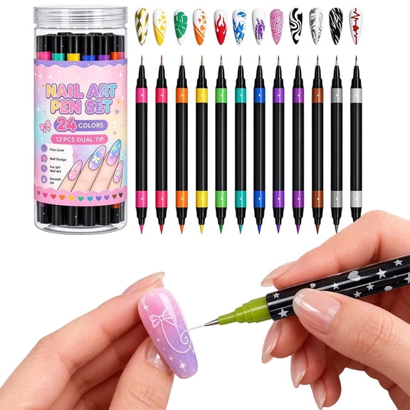 Nail Art Pen Set, 24 Colors Dual-Ended Nail Art Pens for Painting Nails, Fine Liner and Brush Tips for DIY Manicure Design
