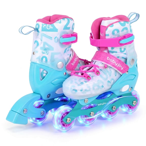 Babyjoy Kids Inline Skates for Boys Girls, 4-Size Adjustable Illuminating Roller Skates Pink & Blue