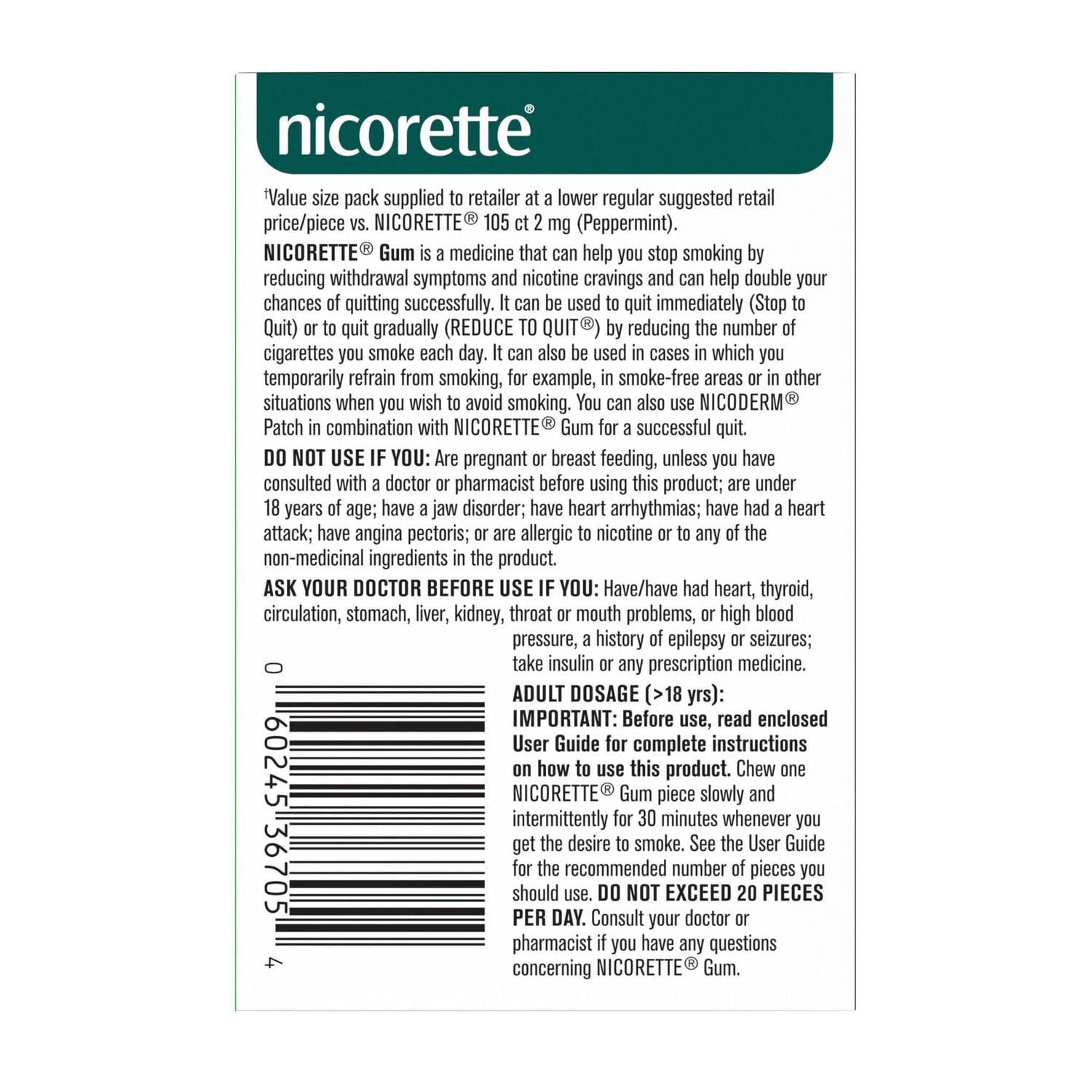 Nicorette Peppermint Gum, 2 mg, Quit Smoking, Nicotine Gum, Smoking Cessation Aid, NRT, Reduce Cravings, 210 pieces