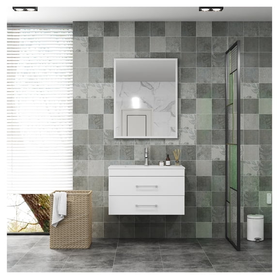 32-Inch White Gloss Wall-Mounted Bathroom Vanity with Double Drawers, Soft-Close System,Ceramic Sink, and Aluminium frame – a Modern and Minimalist Bathroom Space!Glossy White