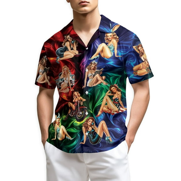 Netecom Colorful Sexy Retro Girls Hawaiian Shirt for Men, Button Down Summer Beach Short Sleeve, Vintage Style, Sizes S-5XL